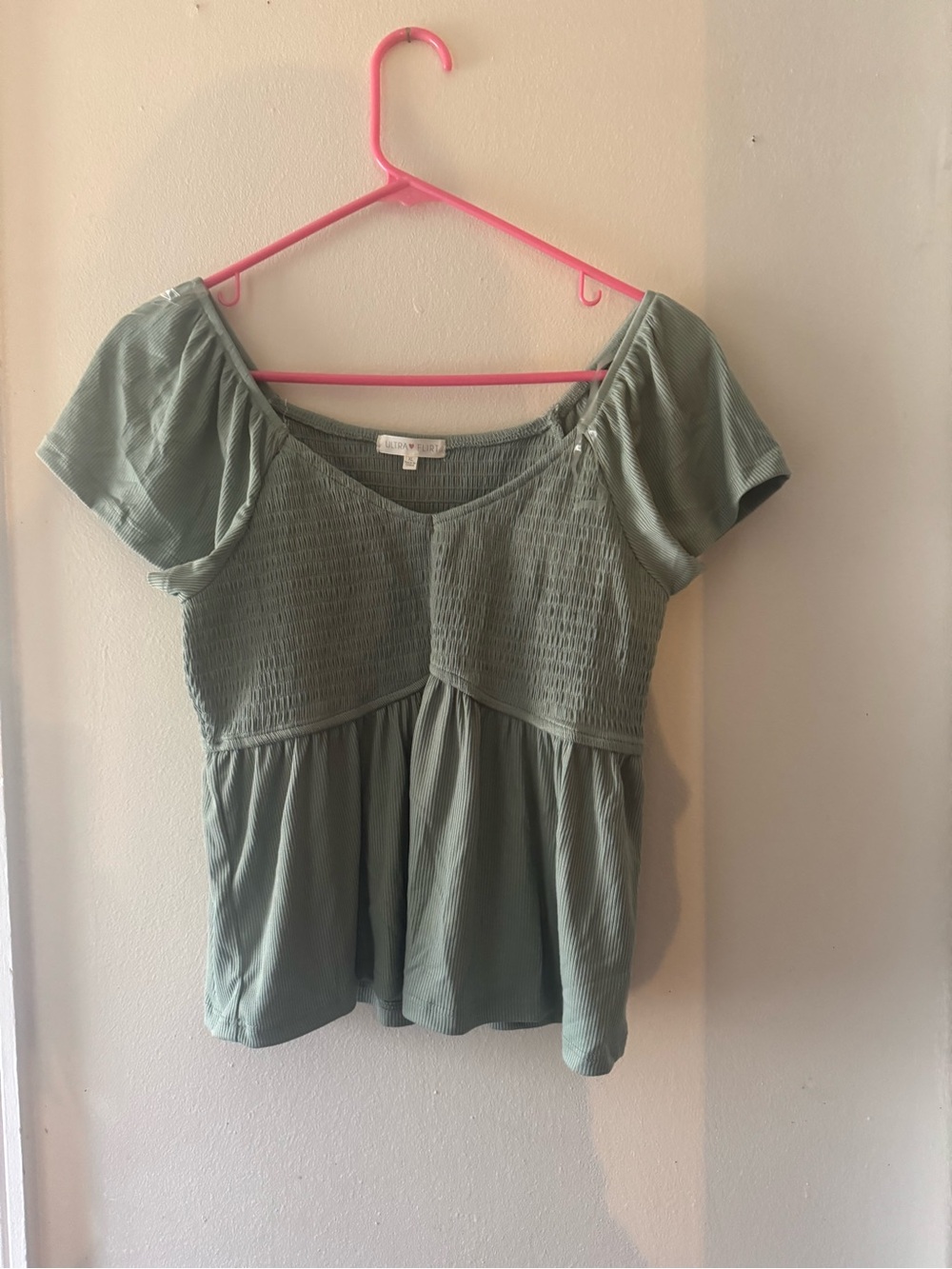 Ultra Flirt Sage Green Smocked Peplum Short Sleeve Top